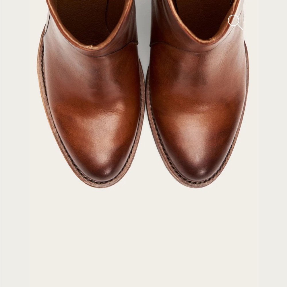 Frye Mustang Seam Short Cognac Brown Leather Cowboy Pull-on Heeled Ankle Bootie - Picture 5 of 15